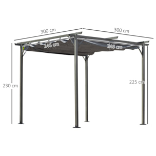 Pergola rétractable 3L x 3l x 2,30H m structure métal époxy anticorrosion noire + toile polyester haute densité 180 g/m² incluse gris