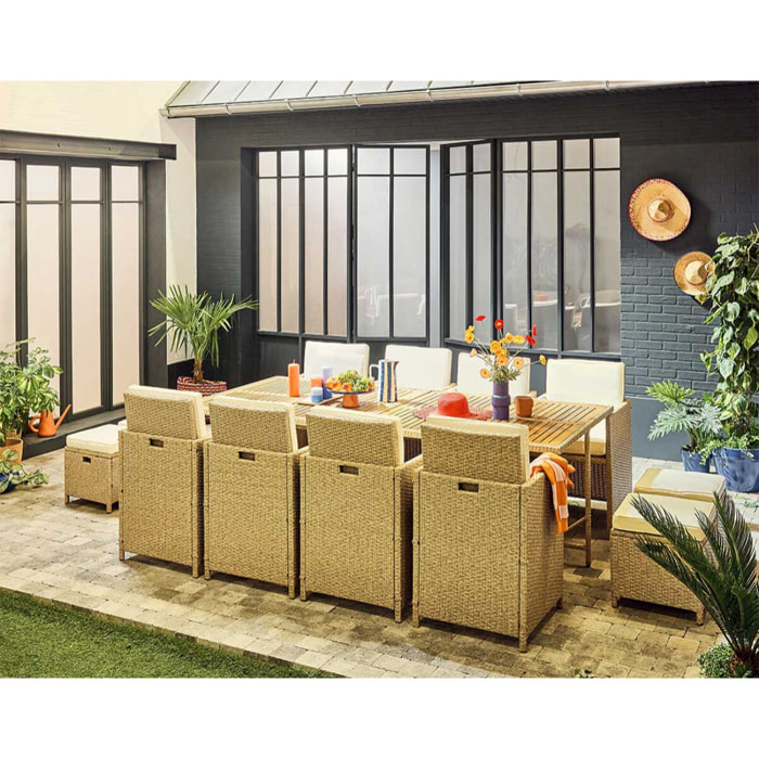 Cuba – salon de jardin encastrable en résine tressé beige - 12 places - coussins beige + housse de protection - Beige