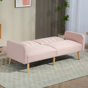 Canapé convertible 2 places design scandinave dossier inclinable 3 positions pieds bois tissu aspect lin rose