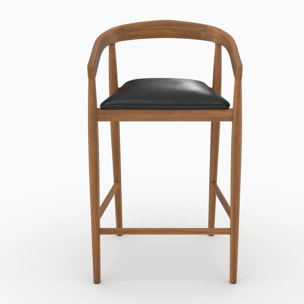 Lot de 2 chaises de bar 77 cm en teck vernis et assise en cuir noir - Bali