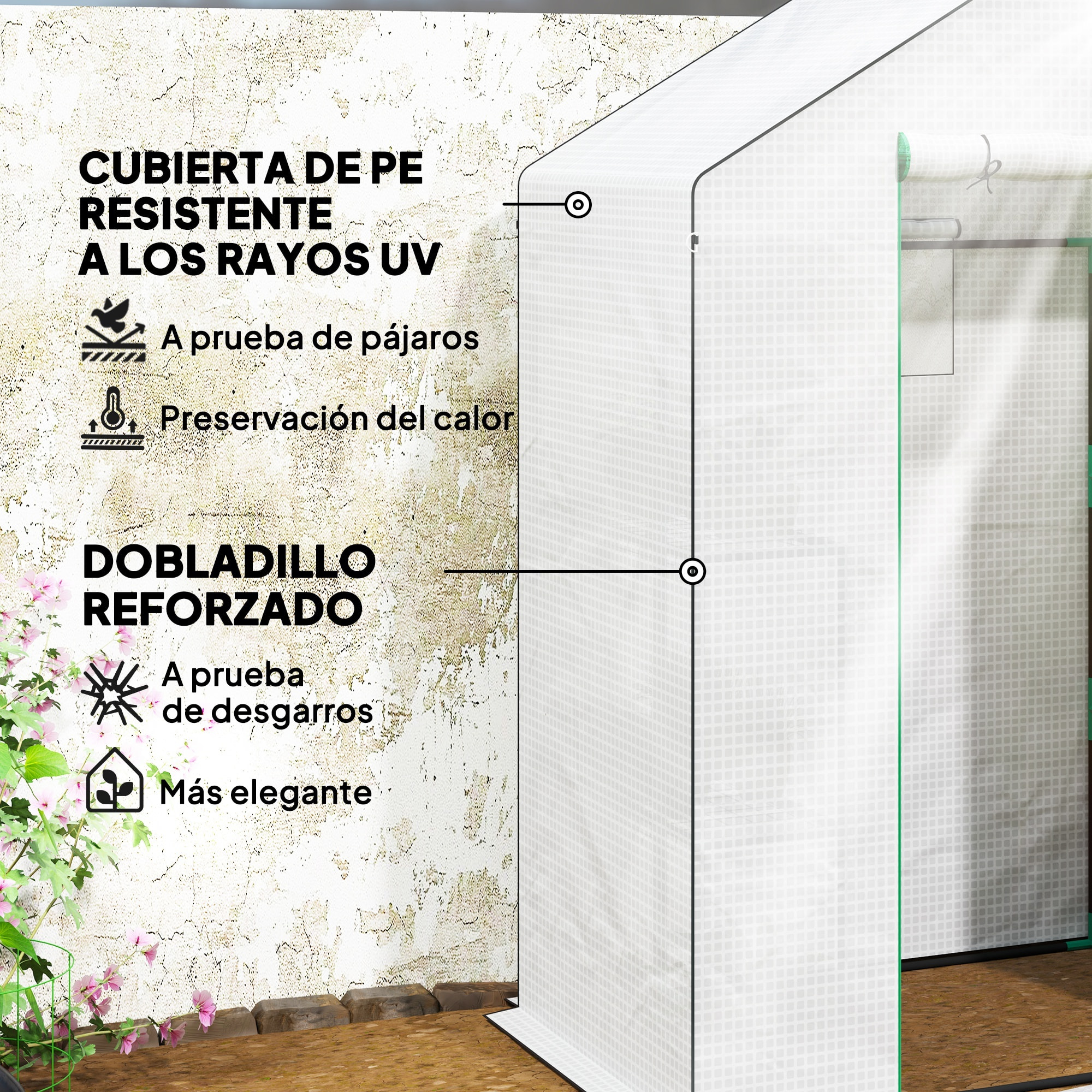Invernadero de Exterior Invernadero Pequeño de 3 Niveles con 6 Estantes Puerta Enrollable Cubierta de PE y Marco de Acero para Cultivos Plantas Flores 143x74x190 cm Blanco