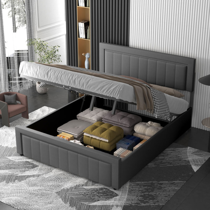 TOPEKA Lit contemporain avec coffre de rangement 140x190cm en velours gris