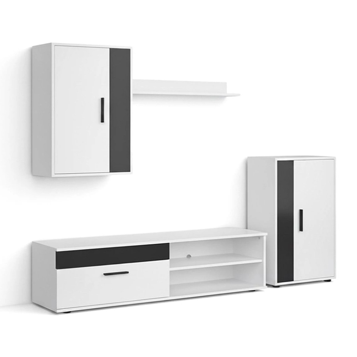 Salón modular con mueble TV en blanco artik y negro 190 cm Lunet Blanco Artik (Blanco Mate) - Negro