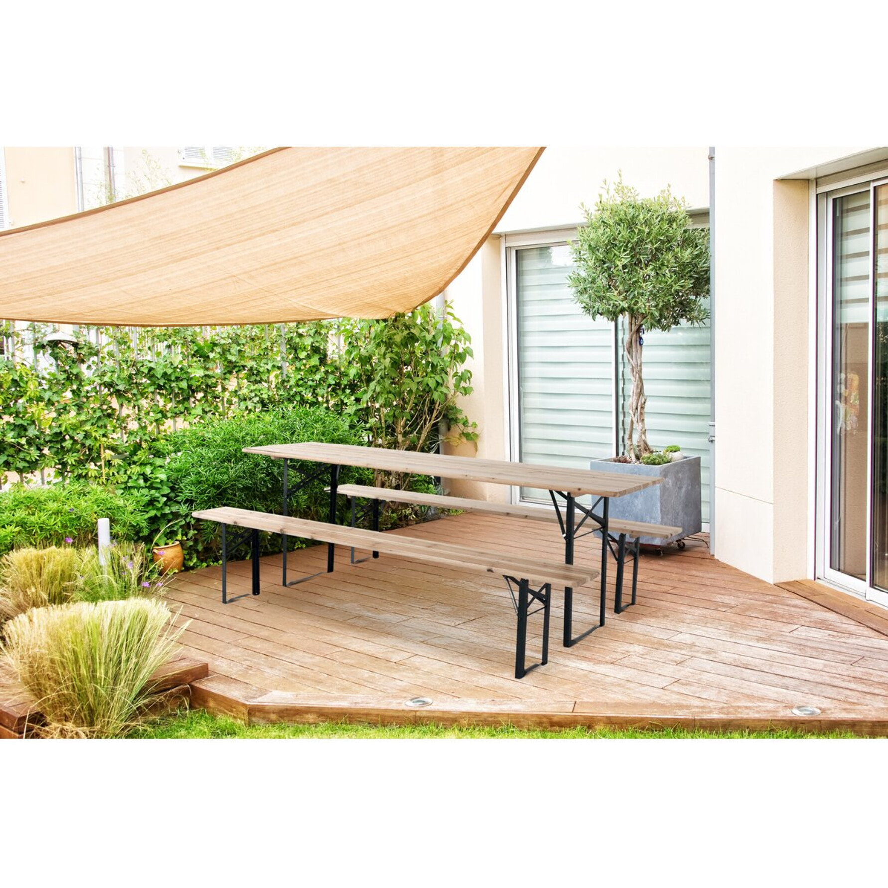 Table de jardin brasserie pliante avec 2 bancs " Lisbonne " - 176 x 46 x 75 cm -  Marron