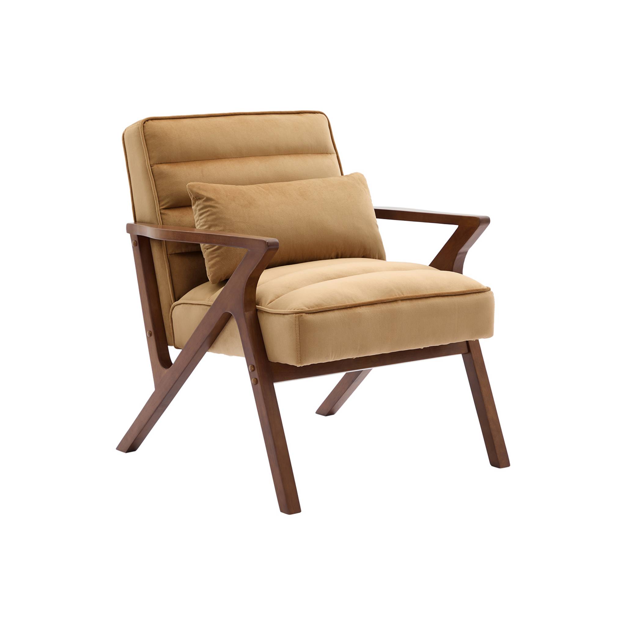 Fauteuil scandinave bois d'hévéa et velours camel