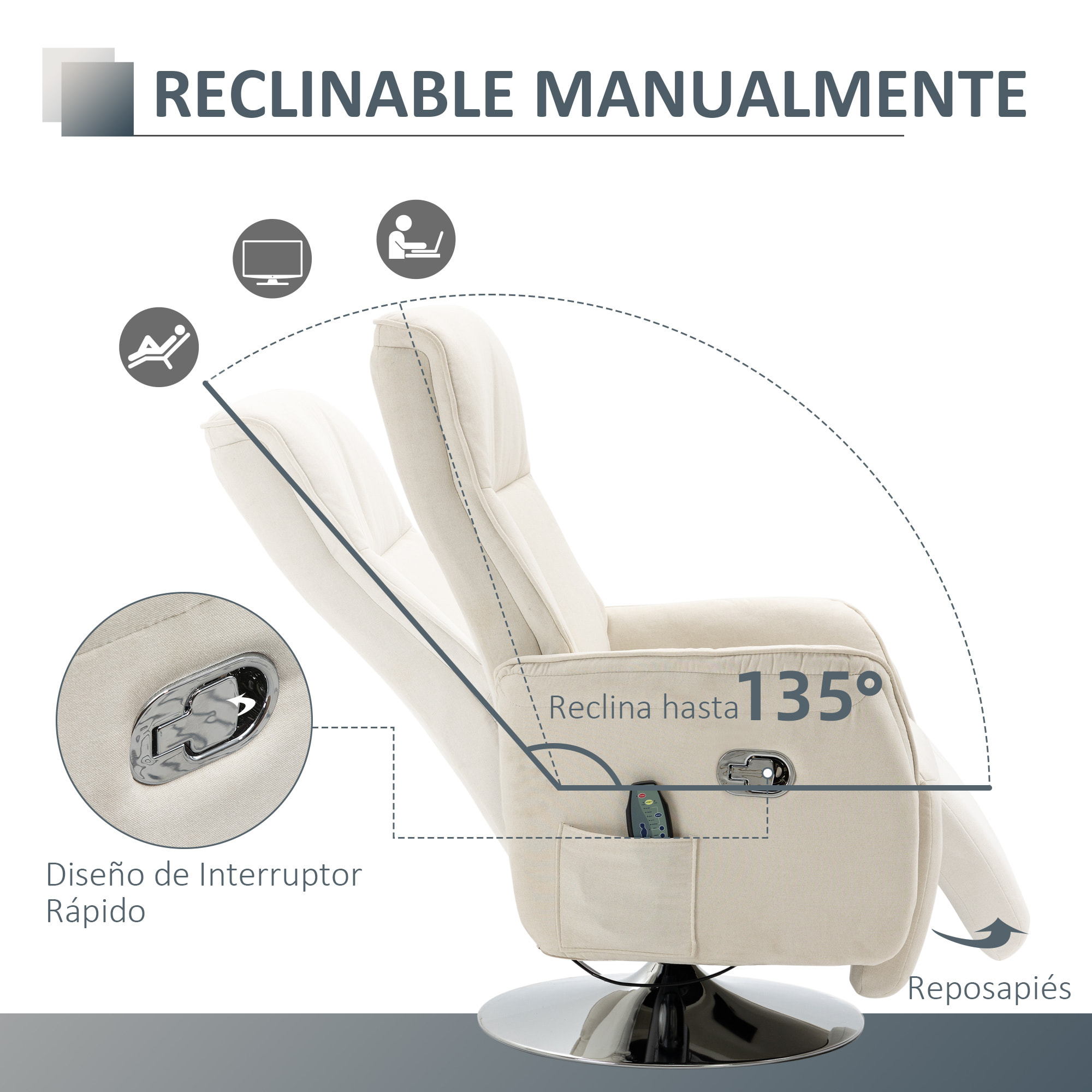 HOMCOM Sillón de Masaje Eléctrico con Reposapiés Sillón Relax Giratorio Reclinable hasta 135° con Control Remoto 10 Zonas de Masaje y Bolsillo Lateral 68,5x84x110 cm Crema