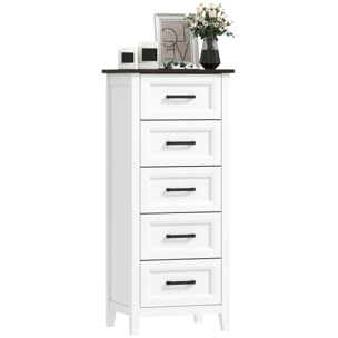 Cómoda 5 Cajones, Cómoda Dormitorio Estrecho y Alto con Encimera Efecto Madera, Cajonera para Espacios Pequeños, Salón, Oficina, 45x35x106 cm, Blanco