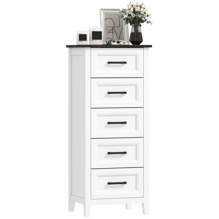 Cómoda 5 Cajones, Cómoda Dormitorio Estrecho y Alto con Encimera Efecto Madera, Cajonera para Espacios Pequeños, Salón, Oficina, 45x35x106 cm, Blanco
