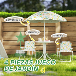 Conjunto de Mesa y Sillas Infantil de Jardín de 4 Piezas, Mesa Infantil con Sillas Plegables, Sombrilla Ajustable, Diseño de Elefantes y Jirafas, para Patio, Pícnic, Blanco