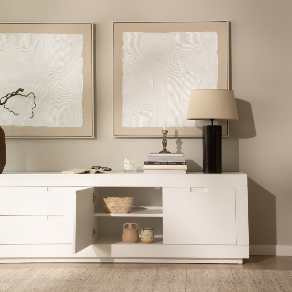 Meuble tv Sisal -bois massif et panneau de mdf-couleur laqué blanc mat 200 x 57 x 40 cm