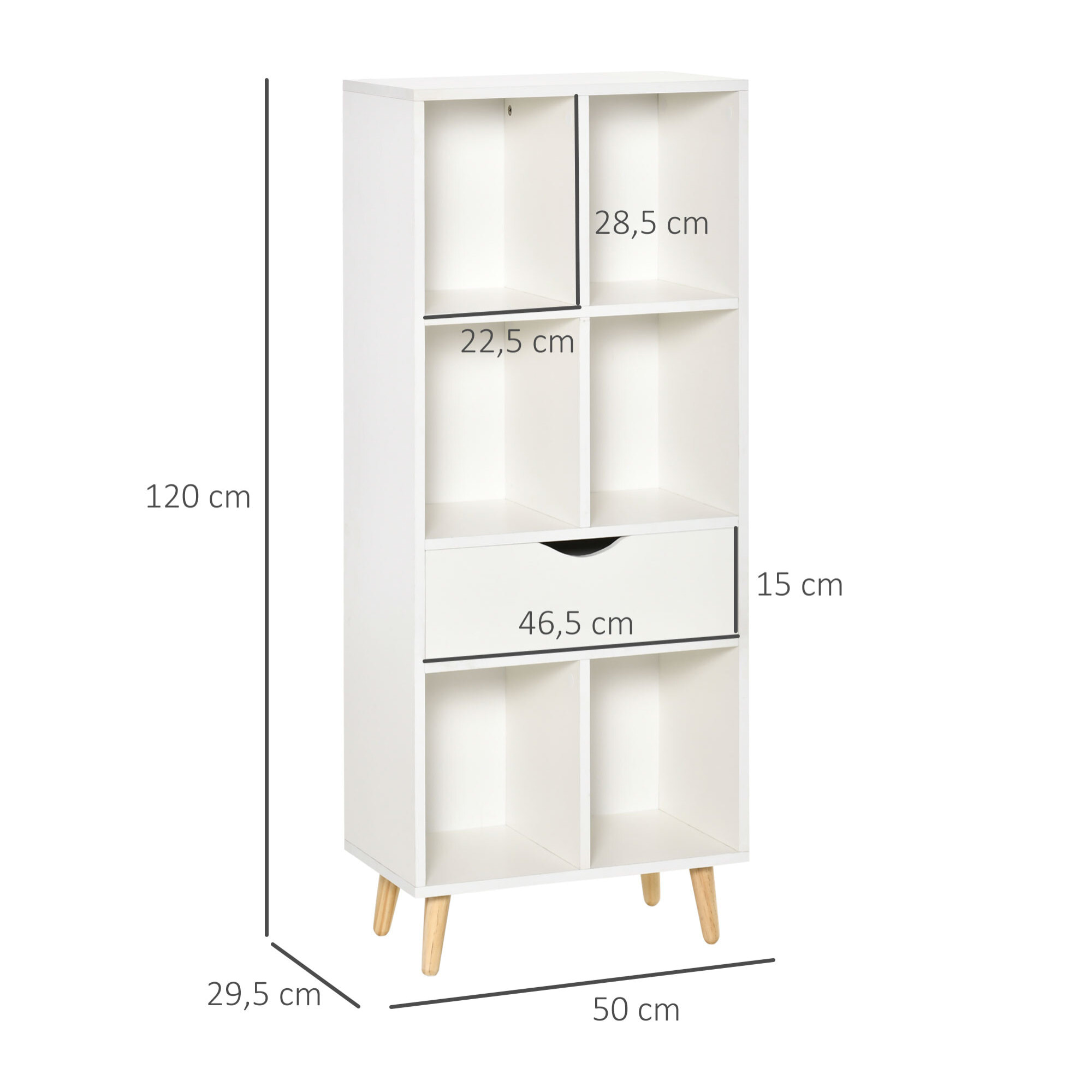 HOMCOM Estantería Librería con 6 Compartimentos Abiertos 1 Cajón y Patas de Madera para Almacenamiento de Libros Juguetes CDs Plantas 50x29,5x120 cm Blanco