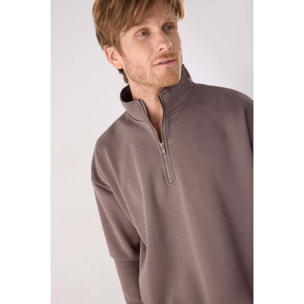 Sudadera deportiva hombre afelpada semi cremallera marrón