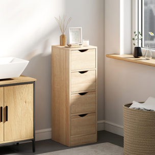 Armario de Baño Estrecho, Mueble Auxiliar de Baño con 4 Cajones y Asas Ranuradas, para Espacios Reducidos, 29x29x83 cm, Madera Natural