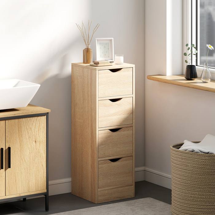 Armario de Baño Estrecho, Mueble Auxiliar de Baño con 4 Cajones y Asas Ranuradas, para Espacios Reducidos, 29x29x83 cm, Madera Natural