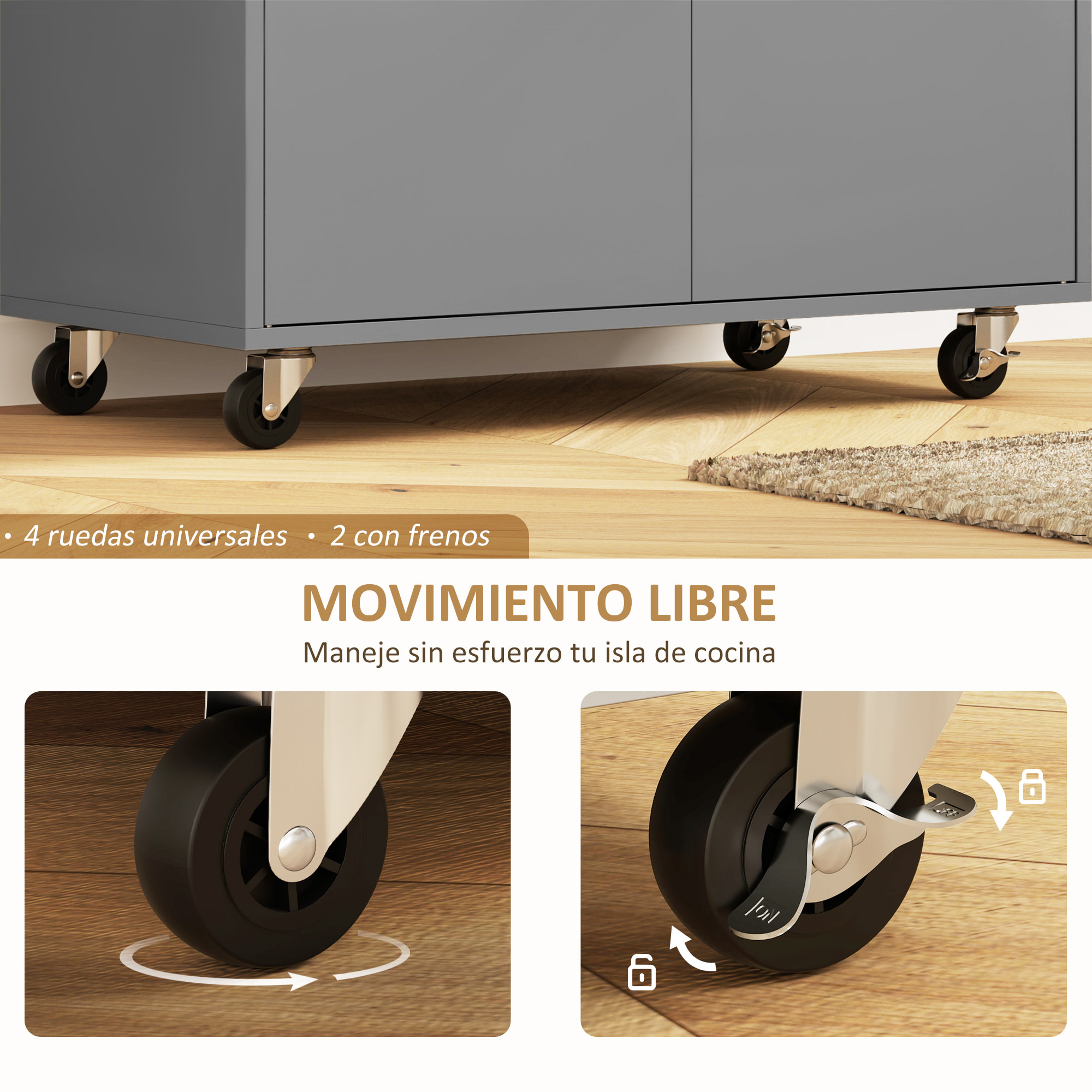 Isla de Cocina con Ala Abatible Carrito de Cocina Mueble Auxiliar de Cocina con Ruedas 2 Puertas Cajón Especiero Toallero y Estante Ajustable 106x42x87 cm Gris y Roble