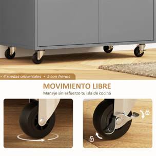 Isla de Cocina con Ala Abatible Carrito de Cocina Mueble Auxiliar de Cocina con Ruedas 2 Puertas Cajón Especiero Toallero y Estante Ajustable 106x42x87 cm Gris y Roble