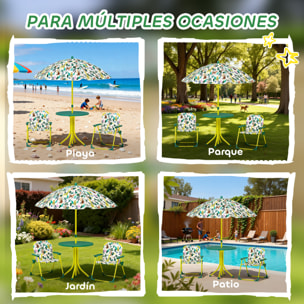 Conjunto de Mesa y Sillas Infantil de Jardín de 4 Piezas, Mesa Infantil con Sillas Plegables, Sombrilla Desmontable, Diseño de Jungla, para Patio, Pícnic, Verde