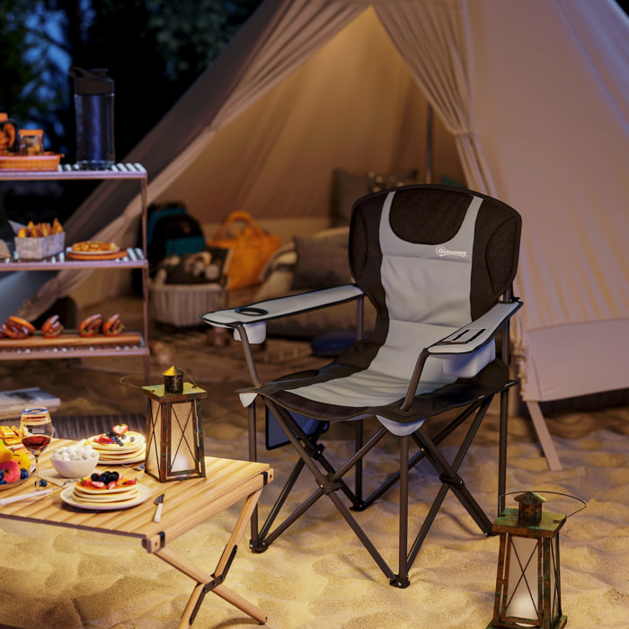 Chaise de camping pliante rembourrée - porte-gobelets, poches latérales rangement, sac isotherme - sac transport inclus - gris noir