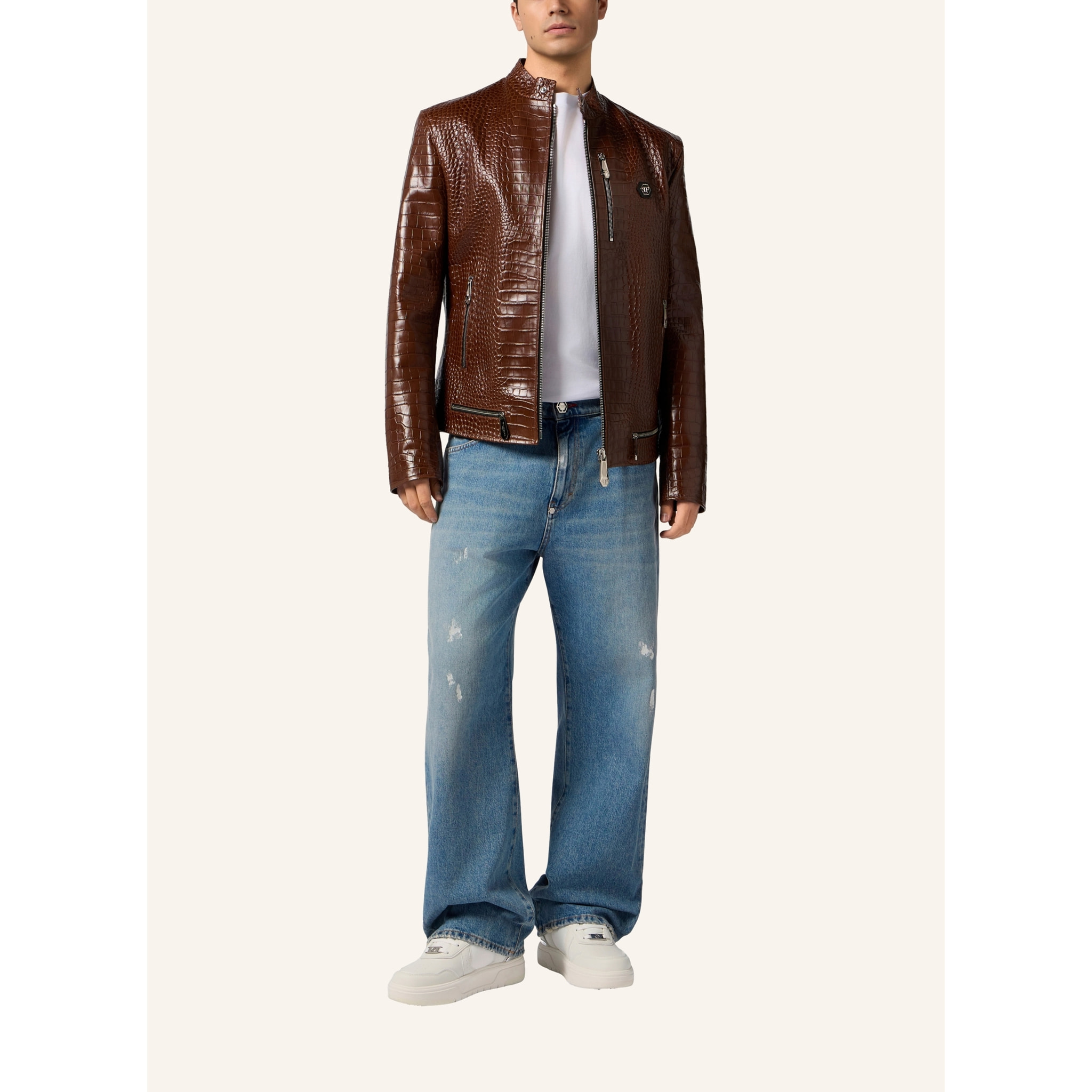 PHILIPP PLEIN Leather Moto Jacket Cocco