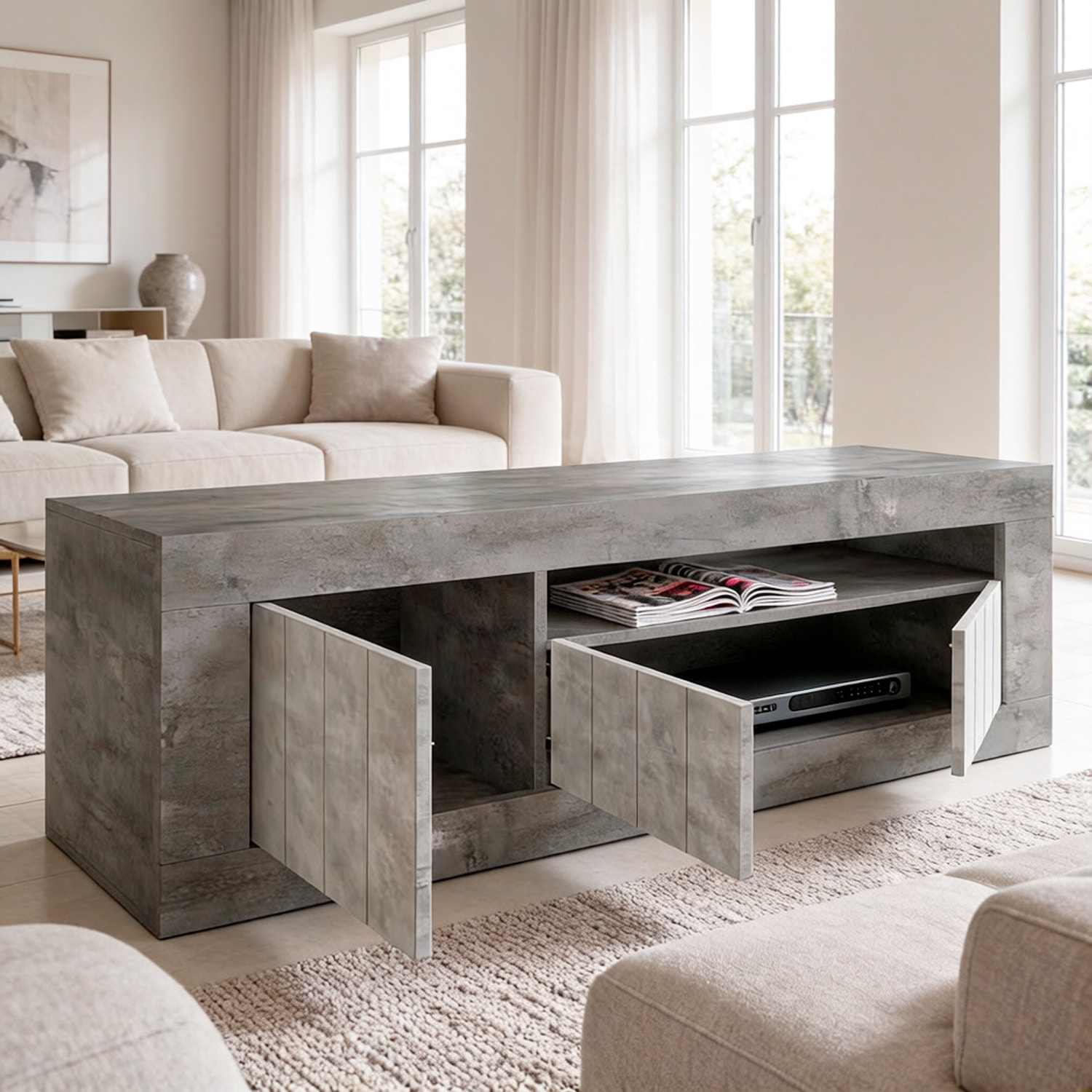 Mobile TV Basso In Melaminico Con Anta Laterale E Ribalta Vano A Giorno Ripiani Mensole Interne Moderno 136.9 x 41.8 x 56 Cm Ossido e Grigio Cemento