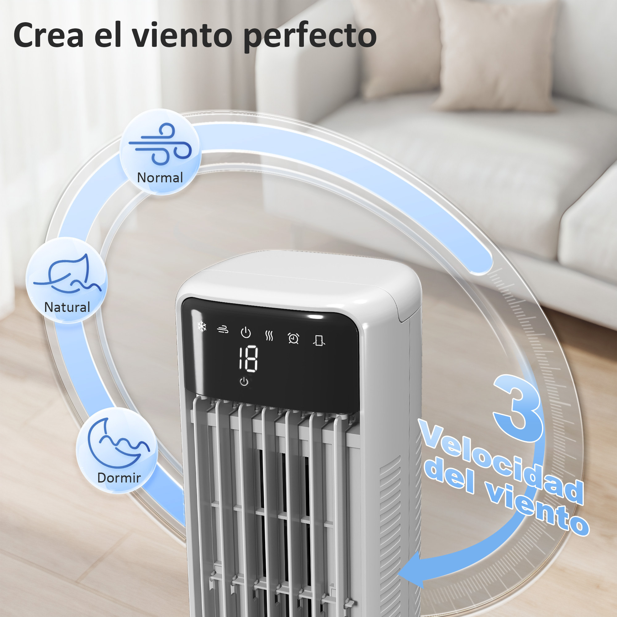 Climatizador Evaporativo de Torre 3 en 1, Enfriador de Aire Portátil con Depósito de 9 L, Oscilación 48°, 3 Velocidades, 3 Modos, Temporizador 24h y Mando a Distancia, 2 Acumuladores de Frío