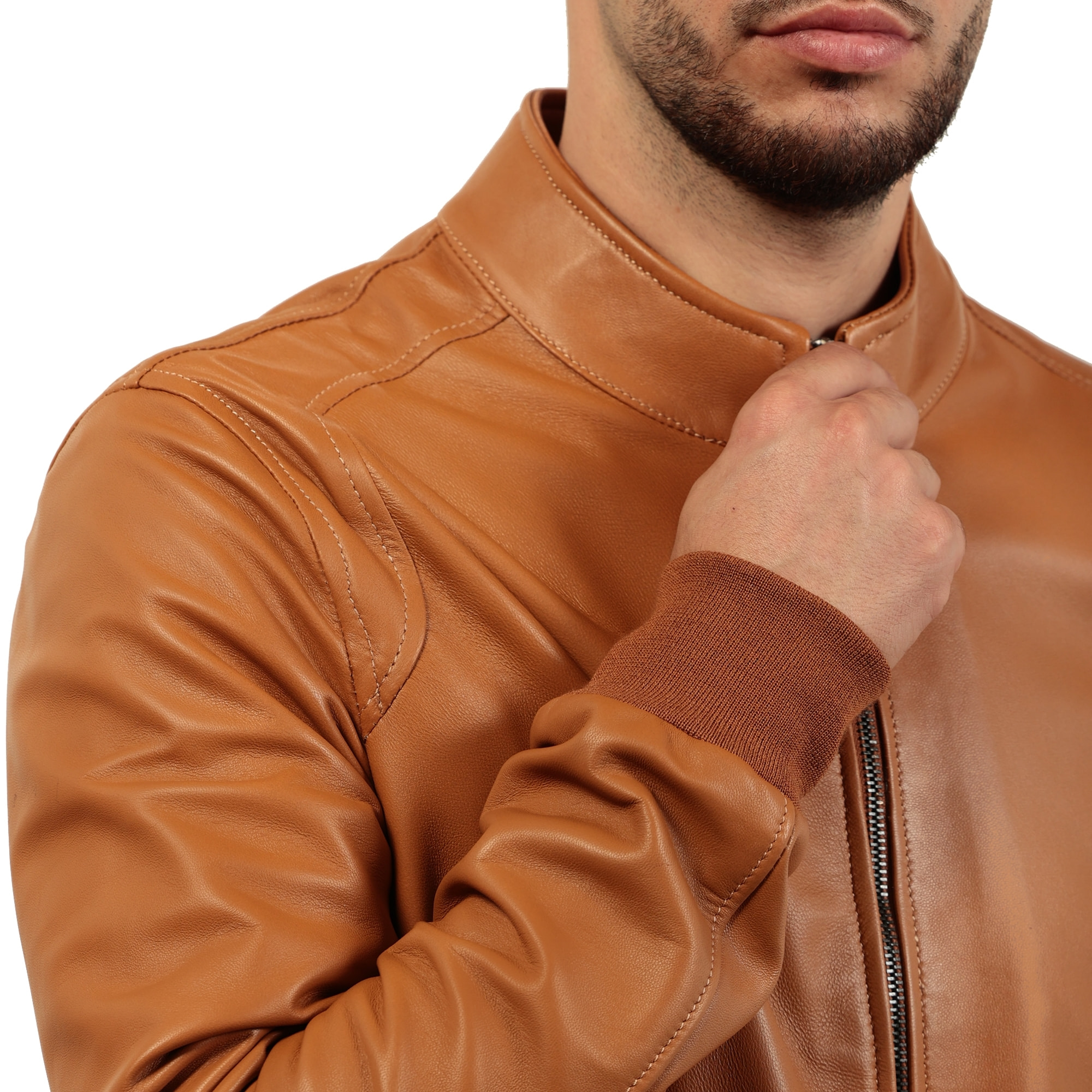 Giubbino in vera pelle di vitello color cuoio-Slim Fit