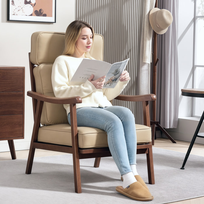 Butaca de Salón Sillón de Salón Tapizado en PU con Marco de Madera Cojines Acolchados Gruesos Respaldo Alto Carga 150 kg Sillón Lectura para Sala de Estar Dormitorio Caqui y Madera Nogal