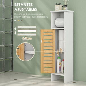 Columna de Baño Moderna Mueble Auxiliar de Baño con Portarrollos de Papel Estantes Ajustable y Puerta de Bambú Anti-vuelco 21x17x78 cm Blanco y Natural