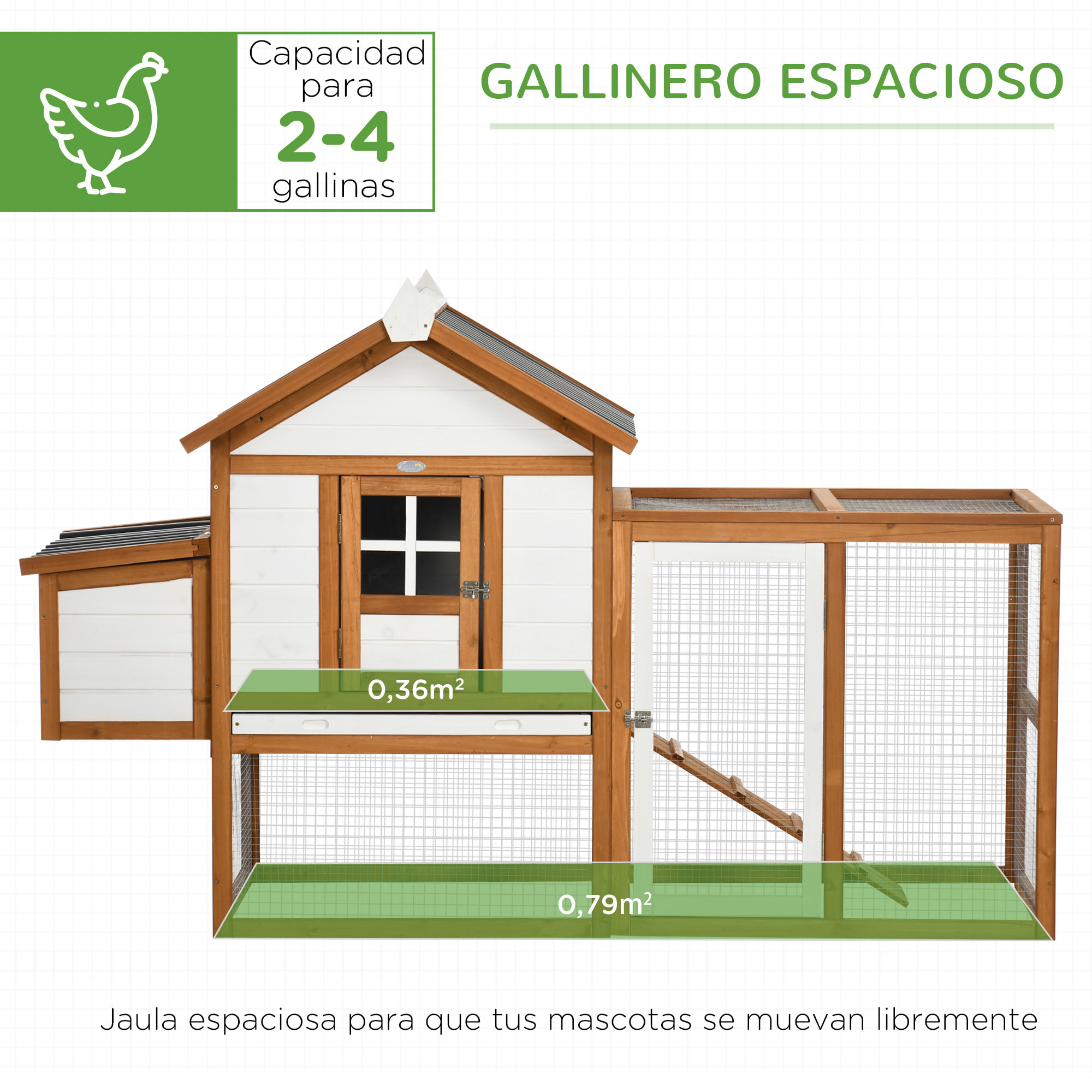 Gallinero de Madera para Exterior 181x79,5x117,5 cm Jaula para 2-4 Gallinas con Techo Resistente al Agua Corral de Metal 2 Perchas Nido Bandeja Extraíble y Rampa Natural