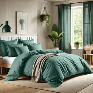 Parure Housse De Couette + 1 taie 100% Coton 57fils Bleu Canard