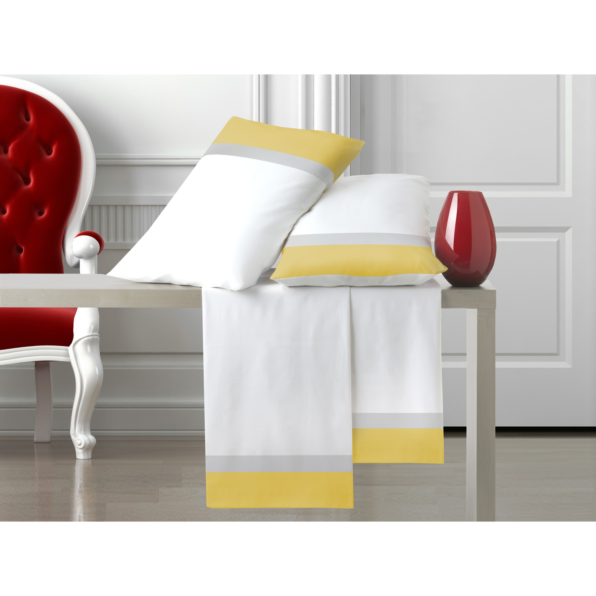 Completo letto doppia balza RASO IPERSAN Puro Cotone Ocra/Grigio CH fondo Bianco