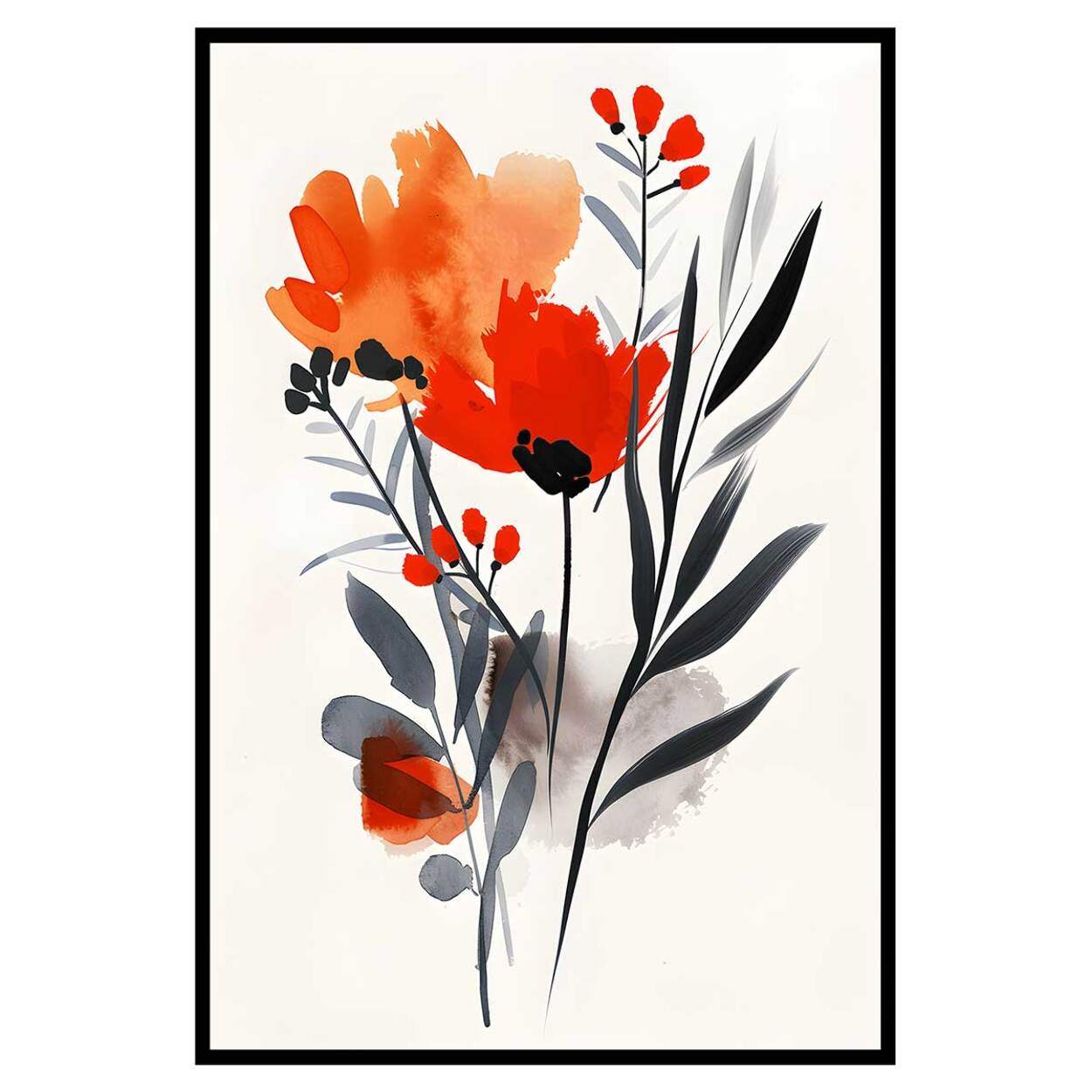 Affiche encadrée fleurs abstraites rouges Affiche + cadre en métal - Noir