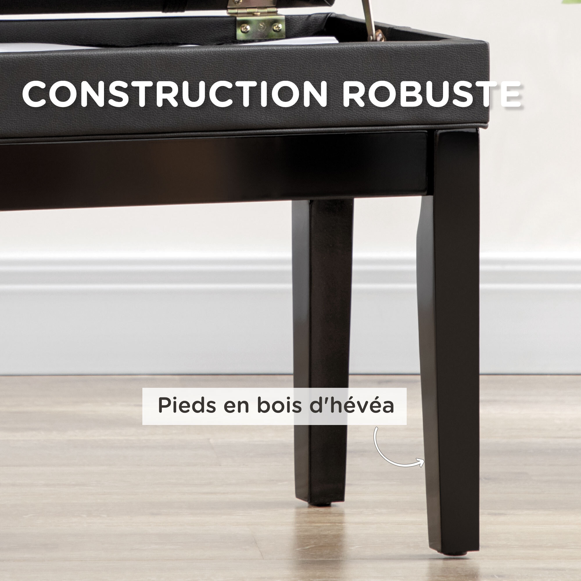 Banquette tabouret siège pour piano coffre intégré hauteur réglable bois hévéa assise revêtement synthétique noir