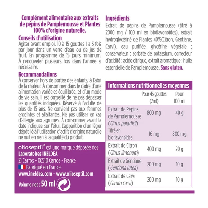 OLIOSEPTIL - Extrait de Pépins de Pamplemousse en Gouttes Citrus Actif - EPP + Plantes Origine 100% Naturelle - Contribue à la Résistance de l'Organisme - Lot de 2 produits