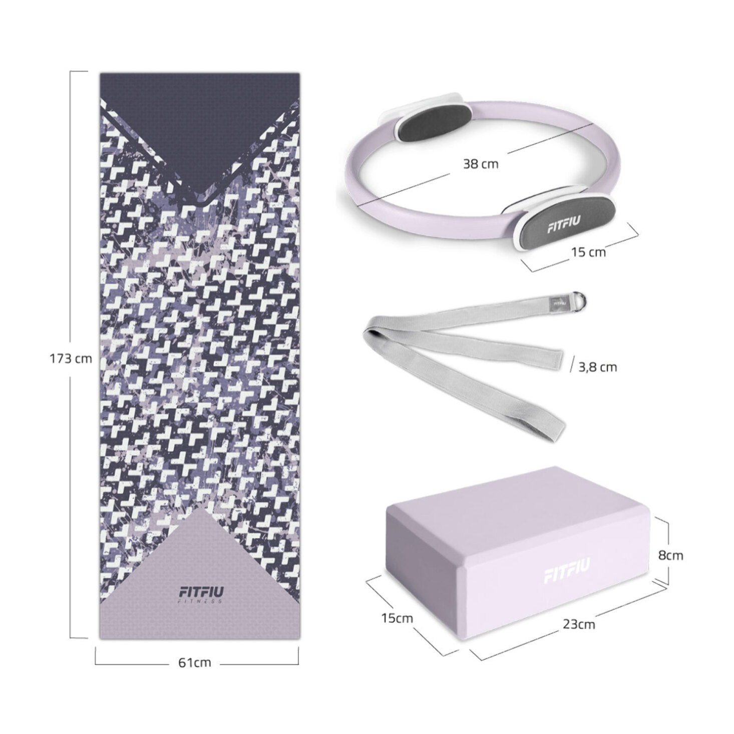 Kit de Yoga y Pilates LILA 4 accesorios con esterilla, bloque, aro y correa