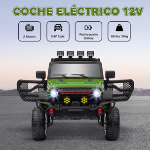 Coche Eléctrico para Niños de +3 Años Carro Eléctrico Infantil Todoterreno de Batería 12V con Mando a Distancia Bluetooth Faros LED Bocina Música Verde