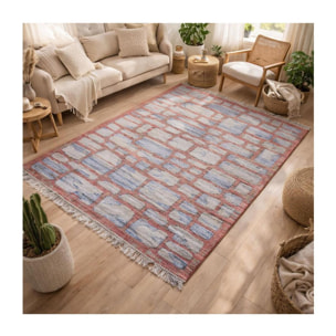 Tapis Kilim tissé à la main en jute aux motifs géométrique lie de vin et bleu ciel