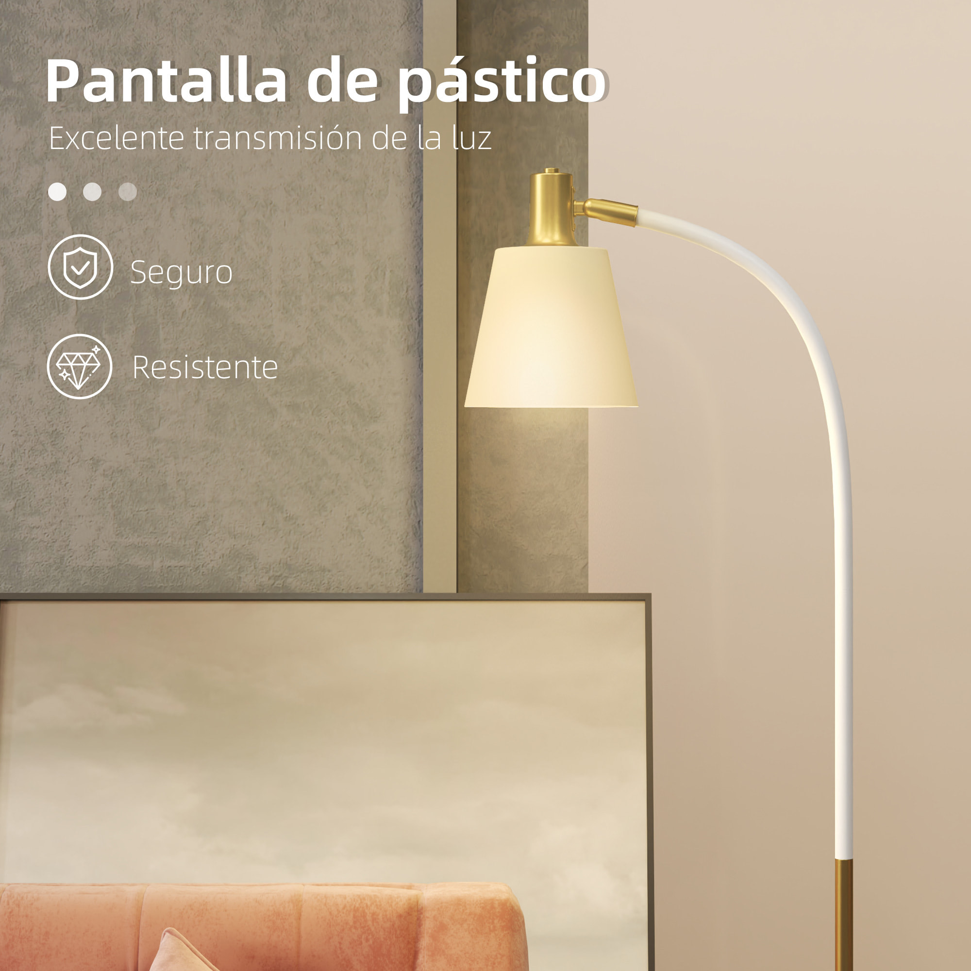 Lámpara de Pie LED Lámpara de Pie Salón con Altura Ajustable Pantalla Interruptor Basculante para Sala de Estar Oficina Dormitorio Blanco y Dorado