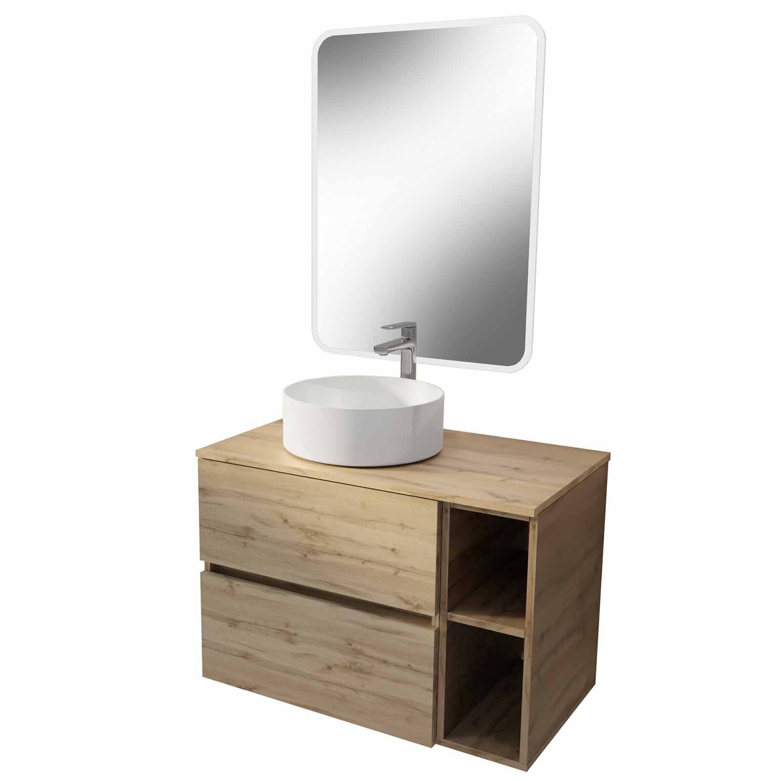 Meuble salle de bains 80 TIMBER Décor Chêne Tiroirs + Module - Vasque Blanche - Miroir 60x80 LED