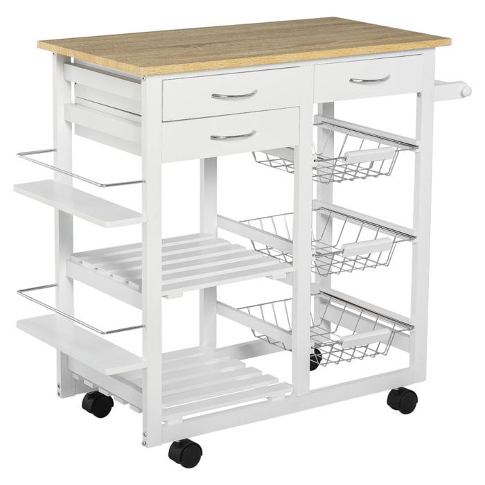 Chariot de service desserte de cuisine à roulettes multi-rangements 92L x 37l x 82H cm MDF imitation chêne clair pin blanc