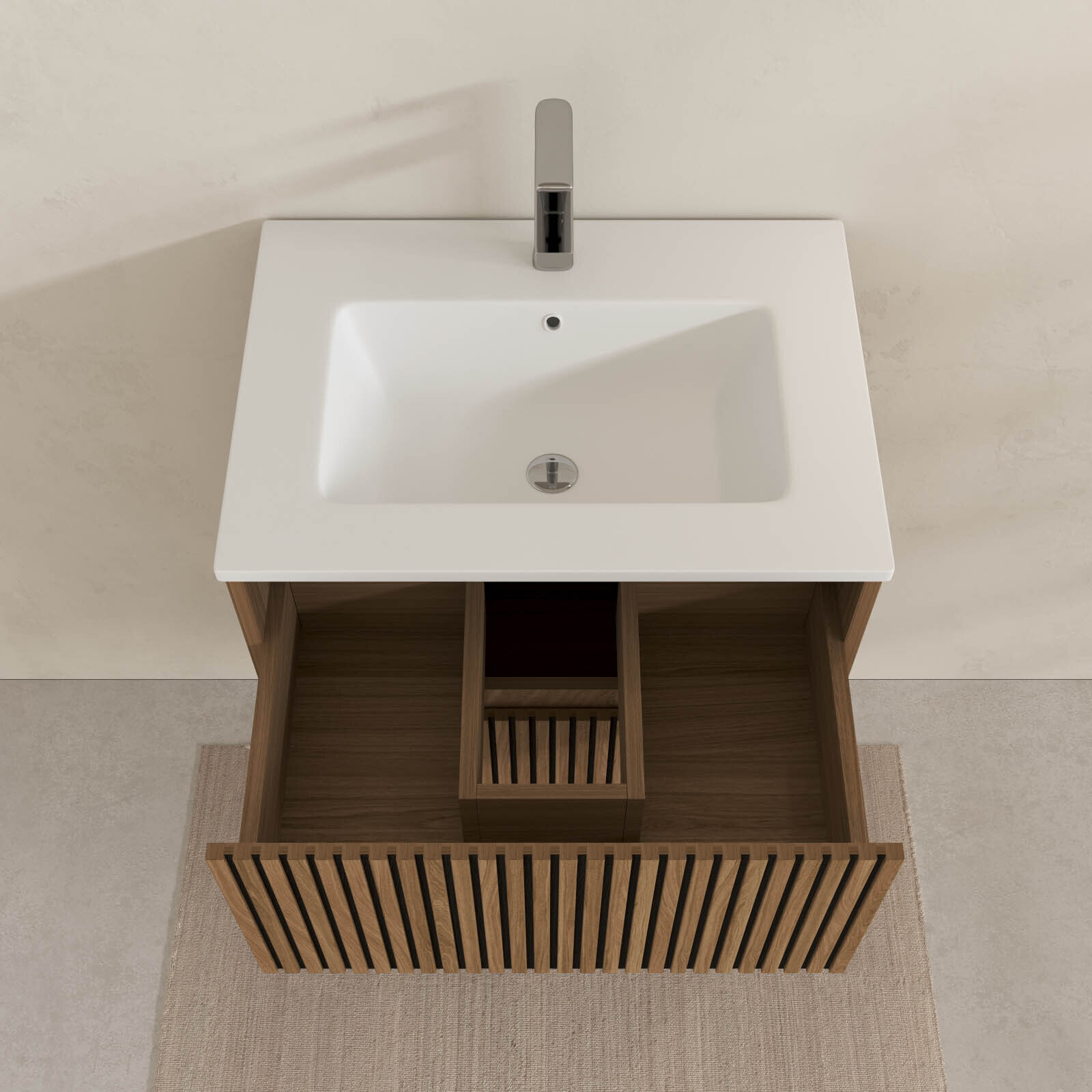 Meuble Salle de Bains 60cm 2 Tiroirs Décor Chêne et Noir Cranté - Vasque Blanche Mate - YUKI