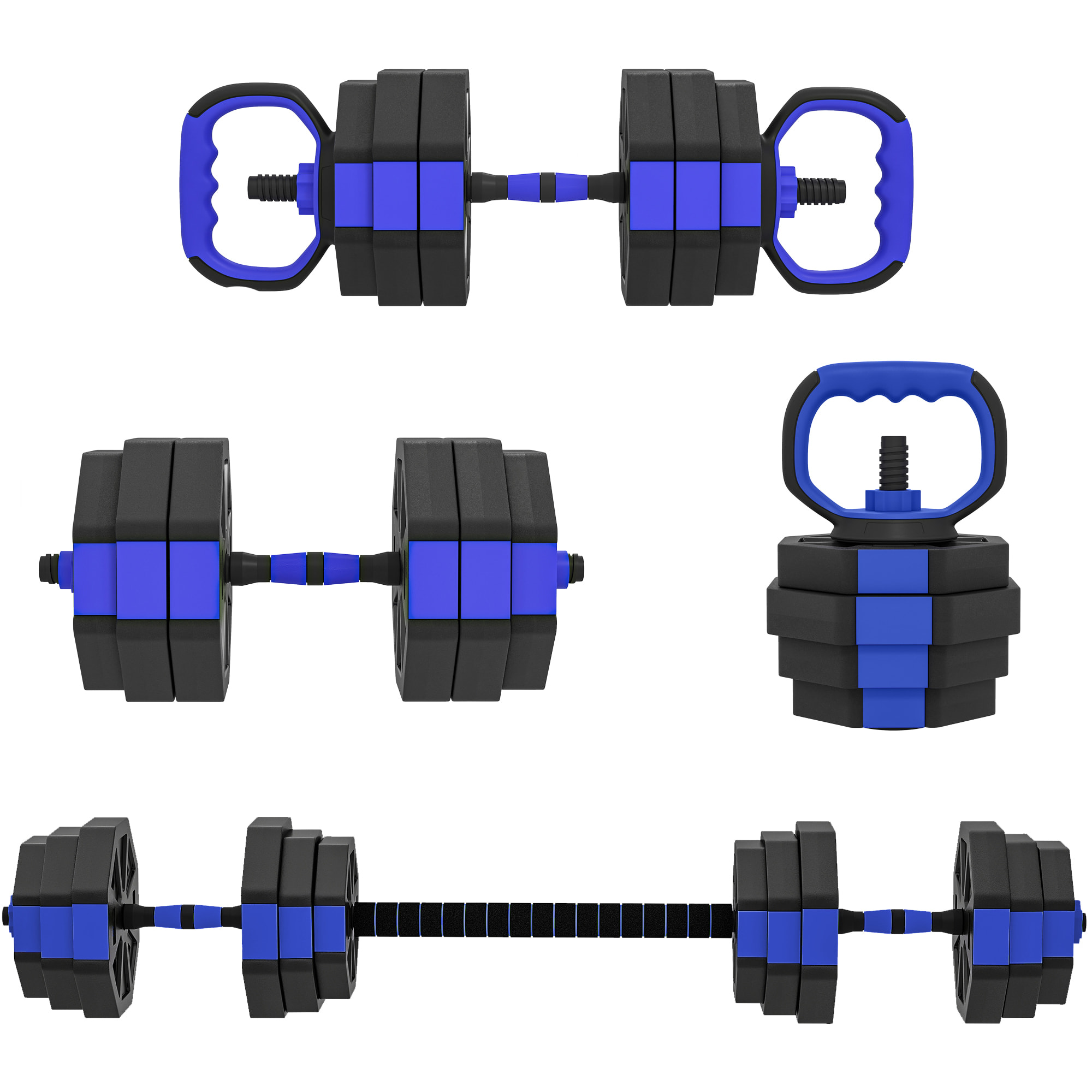 Ensemble d'haltères musculation multifonction 4 en 1 - haltères, kettlebell, push-up support, Olympic barre - total 25Kg - PVC bleu noir