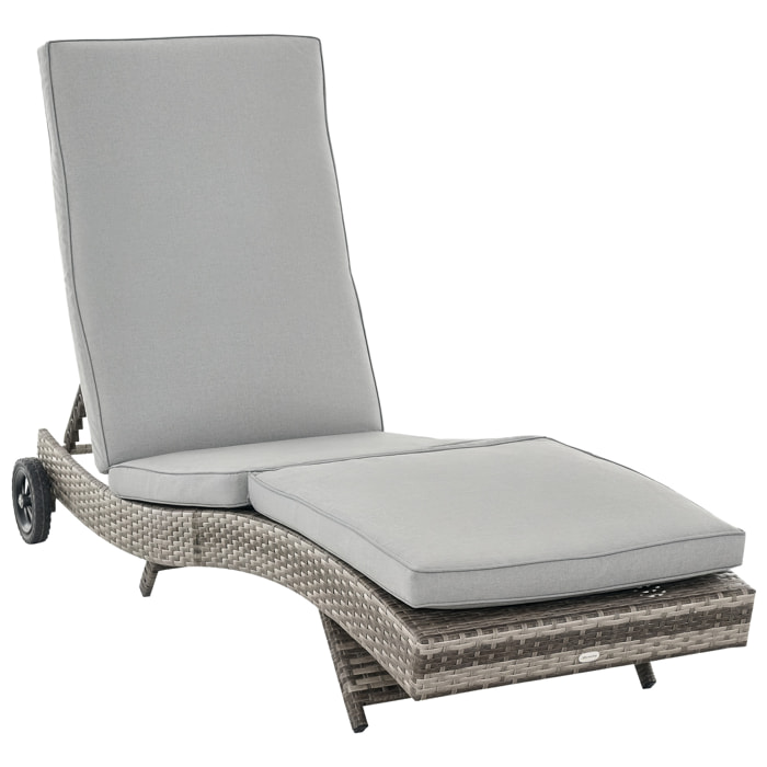 Tumbona de Ratán Reclinable Tumbona de Jardín en Forma de S con 2 Ruedas Respaldo Ajustable en 5 Posiciones y Cojín Extraíble para Patio Terraza 207x70x70 cm Gris