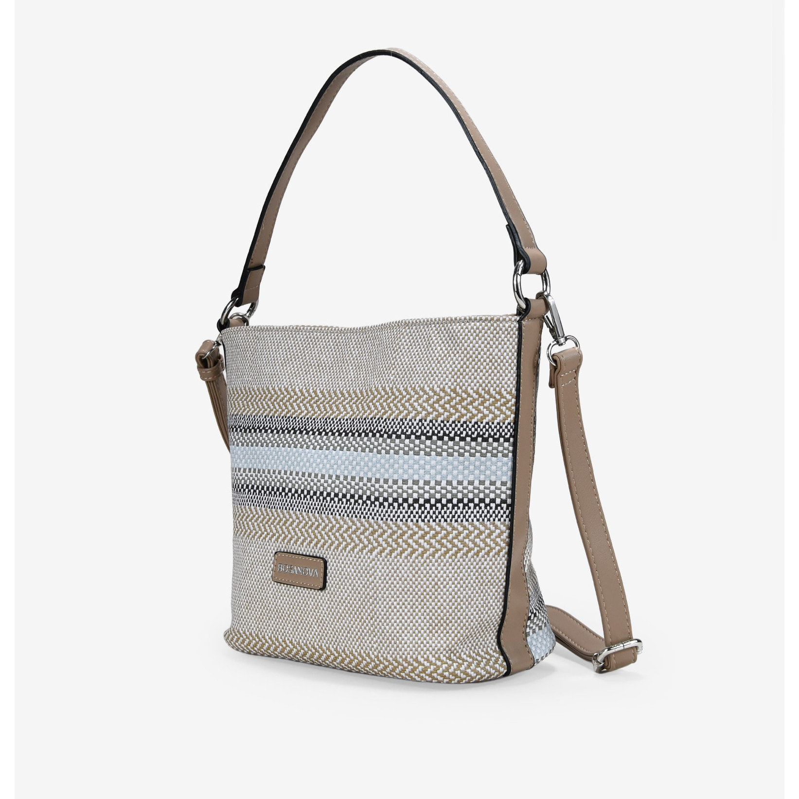 Bolso de hombro taupe y beige con rayas