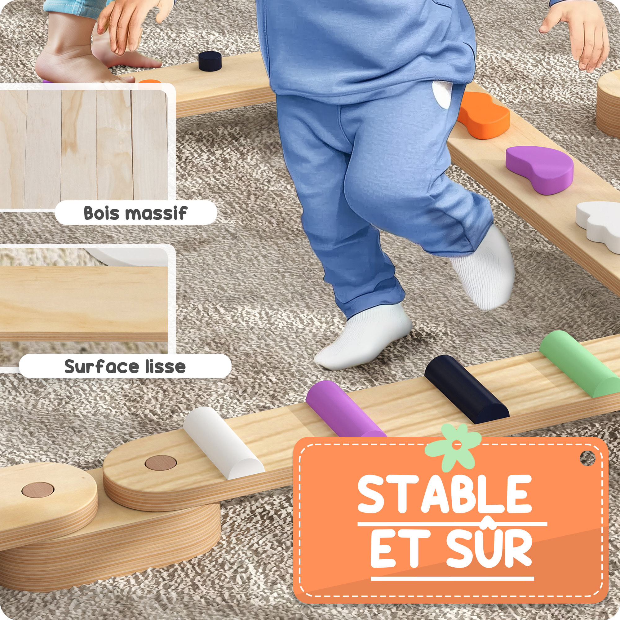 Poutre d'équilibre enfant en bois - pierres d'obstacle colorées - intérieur extérieur