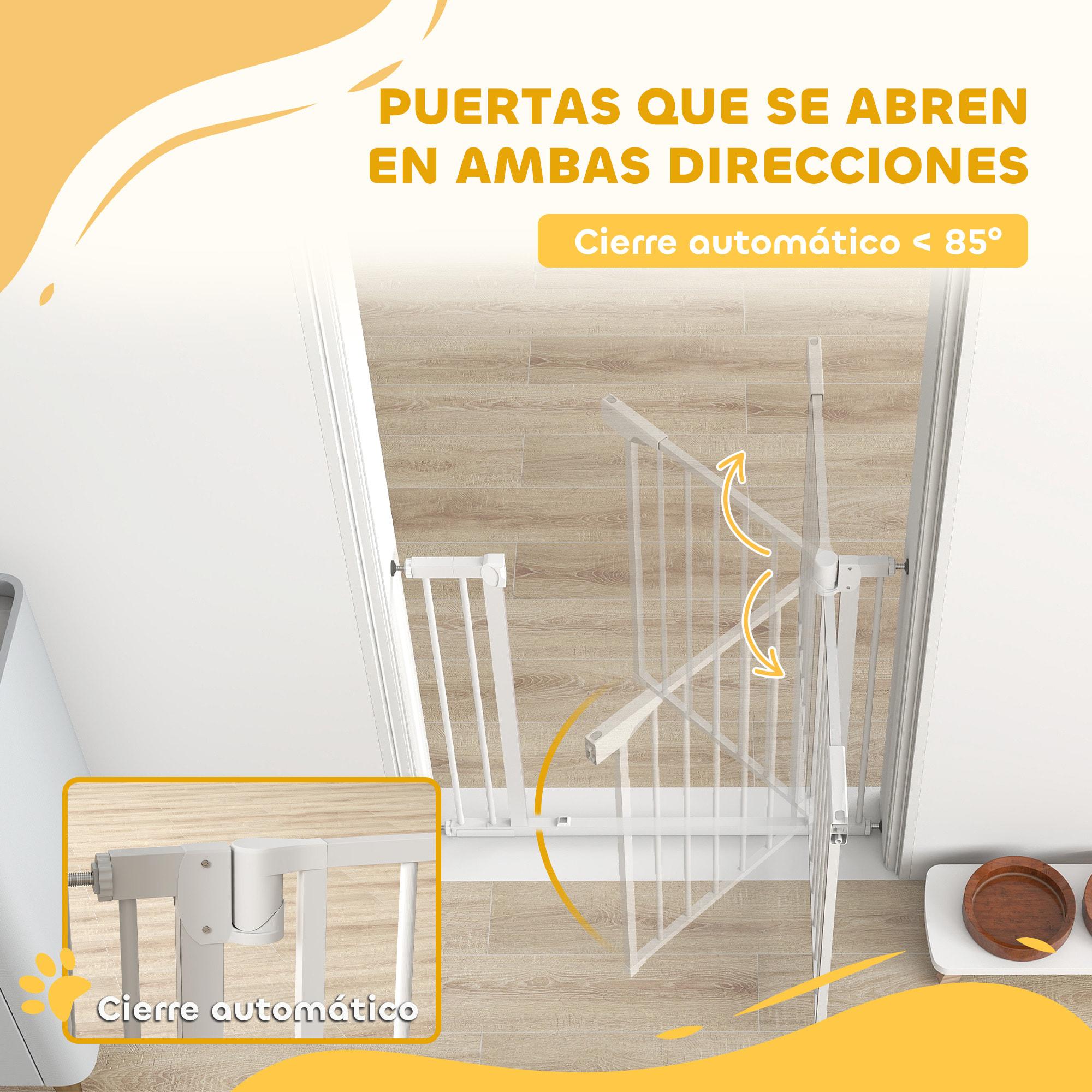 Barrera de Seguridad para Niños y Perros, Extensible 76-89 cm, Puerta para Perros, Bloqueo Doble, Cierre Automático, Apertura Dos Sentidos, Montaje a Presión, Extensión 7 cm, Blanco