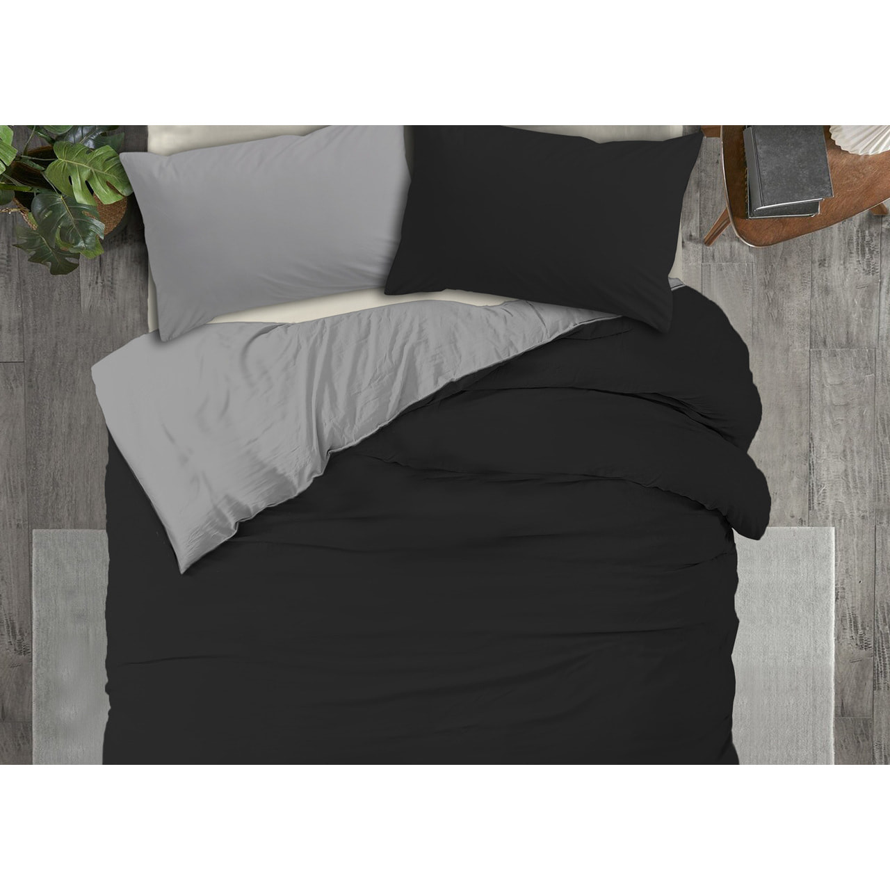 Copripiumino No Stiro Tinta Unita Bicolor Francesca Nero Grigio