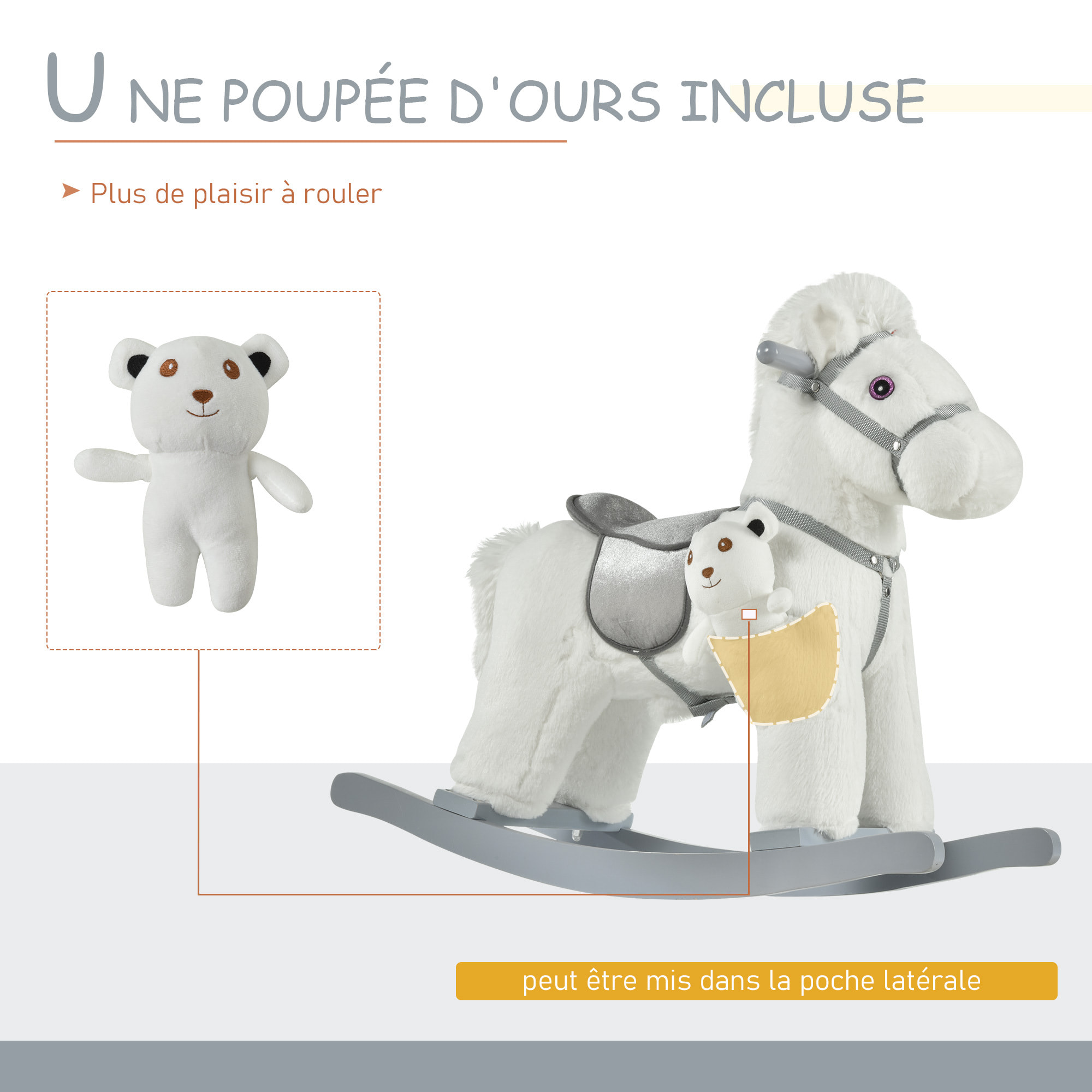 Cheval à bascule - effets sonores, peluche ourson inclus - poignées structure bois peuplier gris peluche courte douce blanc