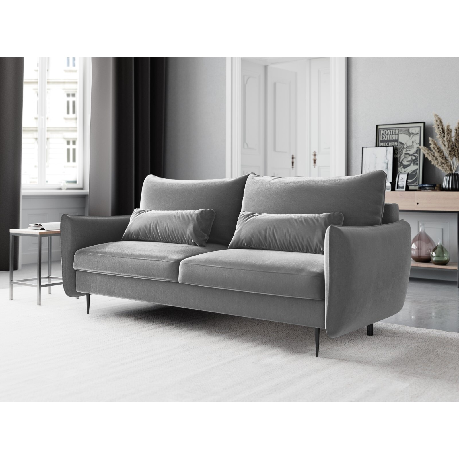 Canapé convertible avec coffre de rangement "Vermont" 3 places en velours gris clair