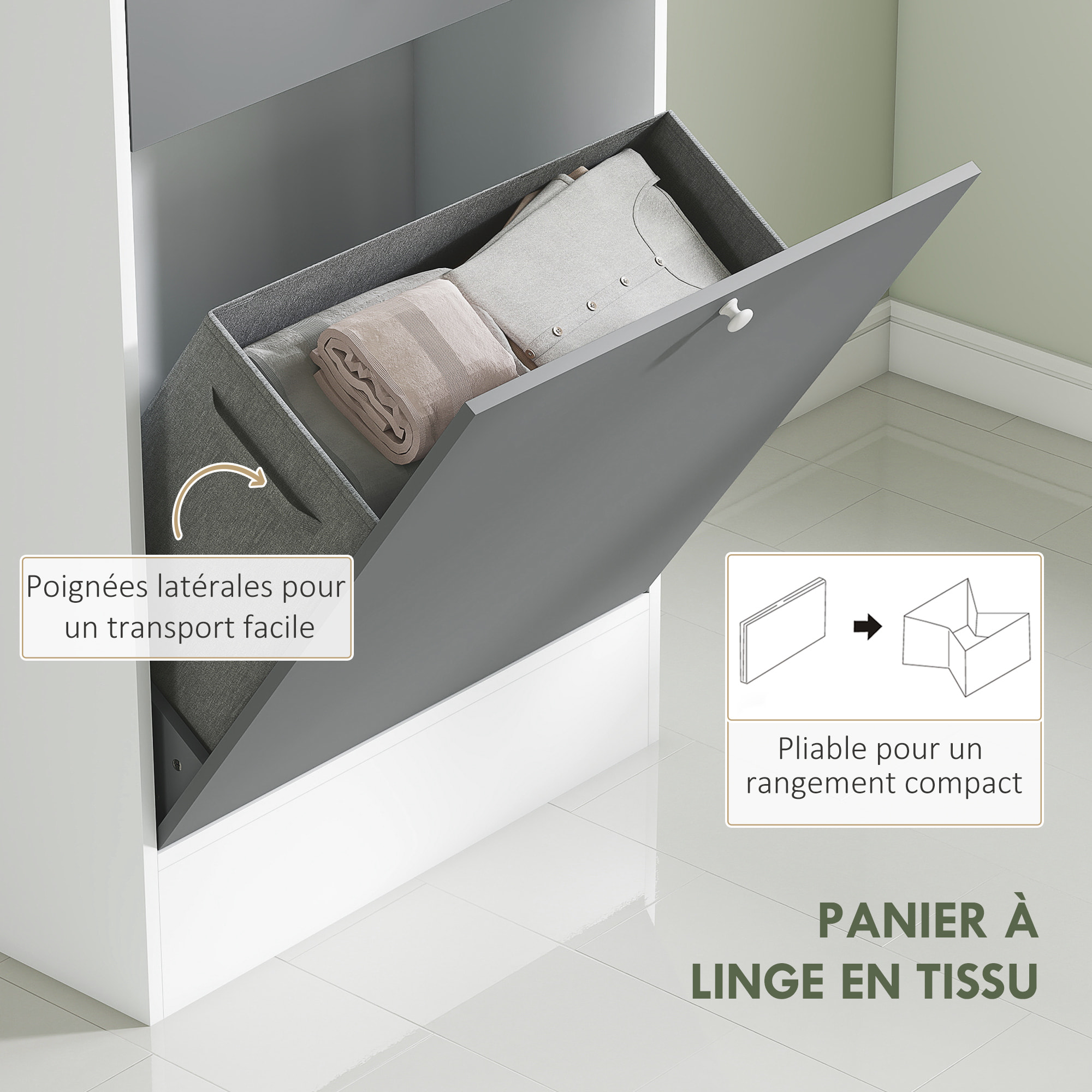 Meuble haut de salle de bain avec miroir - panier à linge à bascule, 2 portes, 3 étagères, 2 niches, tiroir - blanc gris